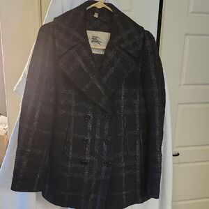 Burberry Black and Gray Plaid Pea Coat
